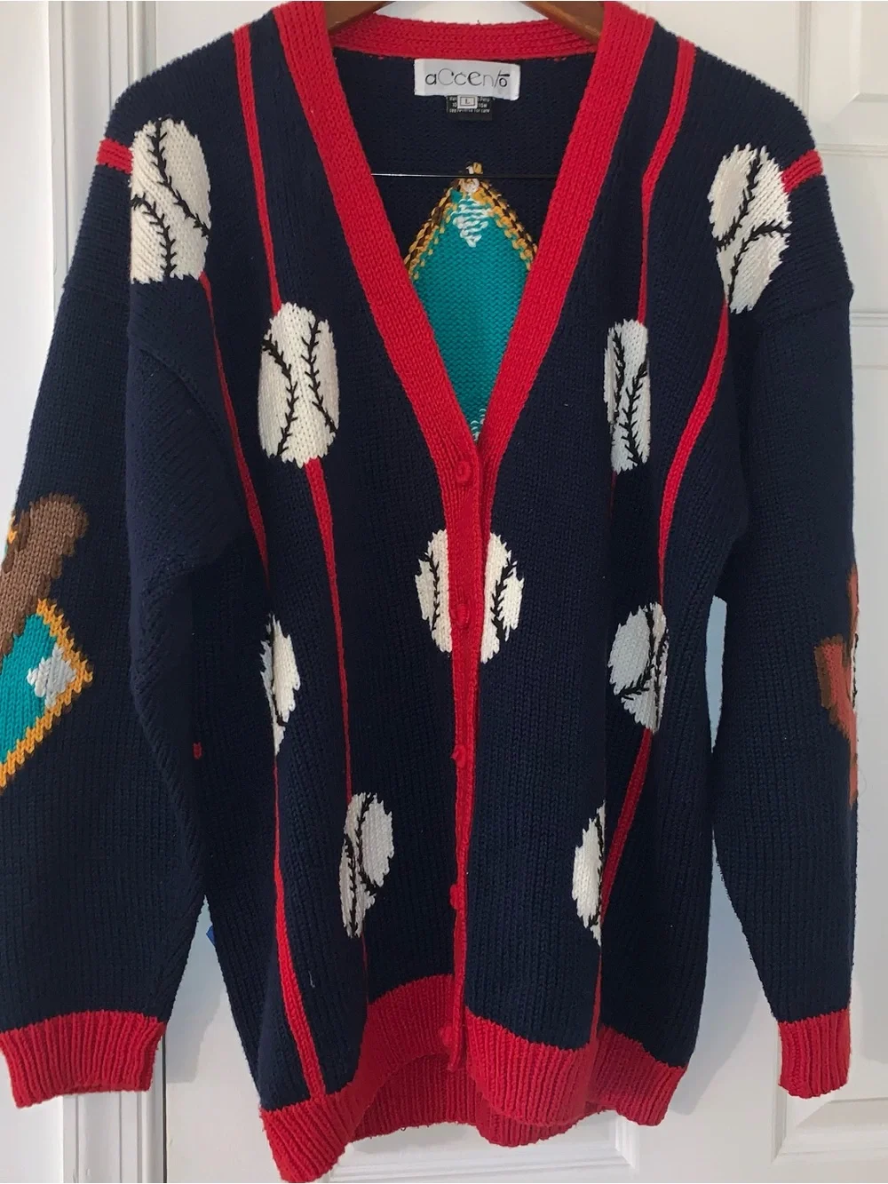 Vintage hand knit cardigan ugly sweater funky teacher baseball